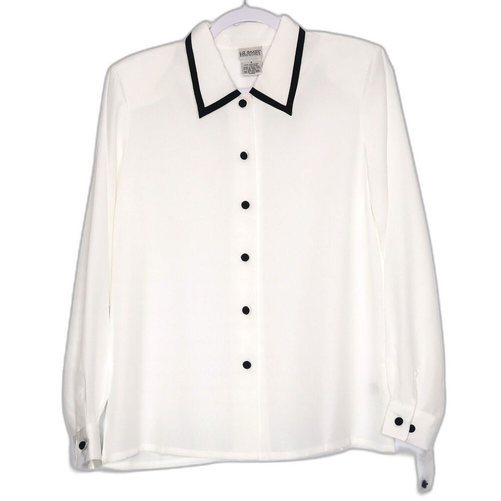 Liz Baker Essentials Womens Button Up‎ Shirt Size 6 Black White Office Career